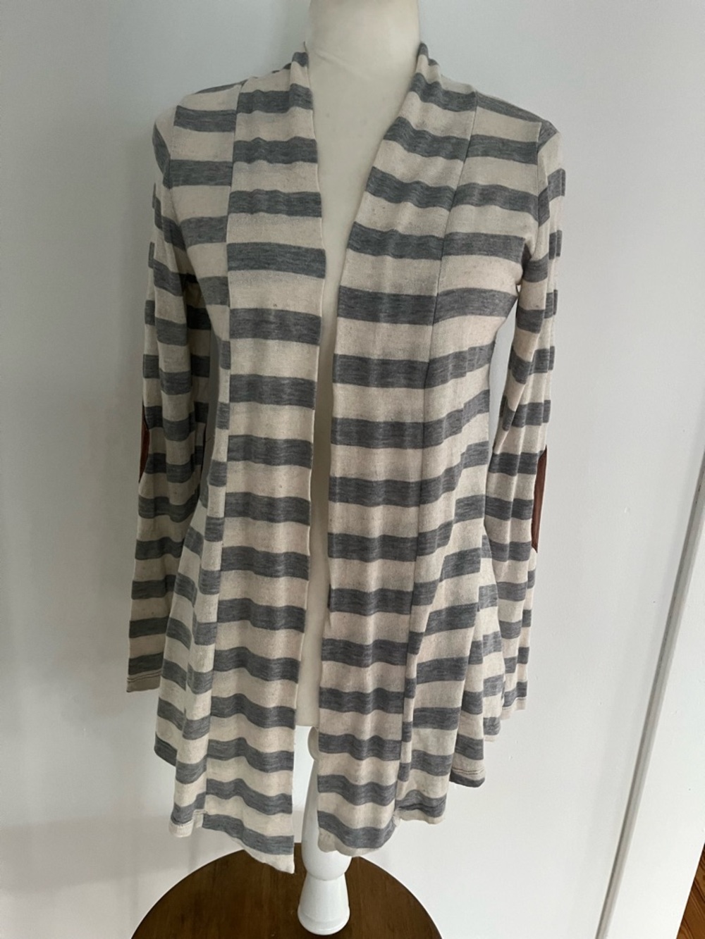 Striped Open-Front Cardigan Sweater - Cream & Gray with Elbow Patches